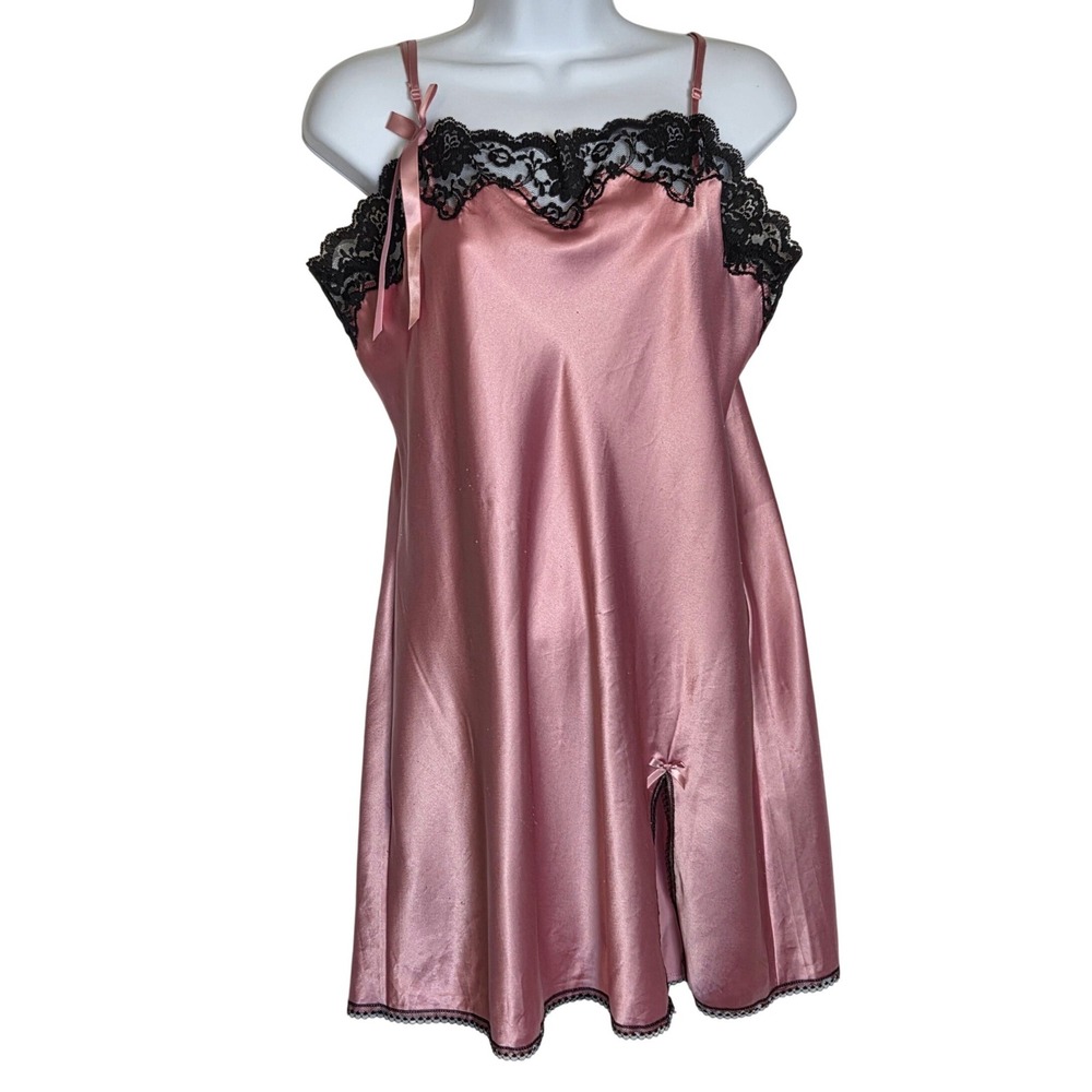 Vintage Victoria's Secret Angels Satin Lace Slip Dress Mauve Pink Black Trim L